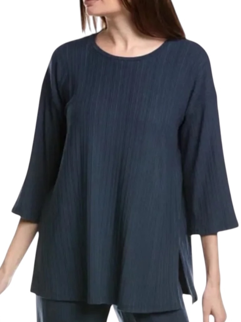 Eileen Fisher Ribbed Stretch Jersey Top Dark Blue Boxy Crew Neck Xs